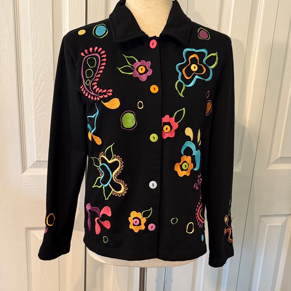 Onque Casuals Black Jacket with Multicolor Embroidery Sz M